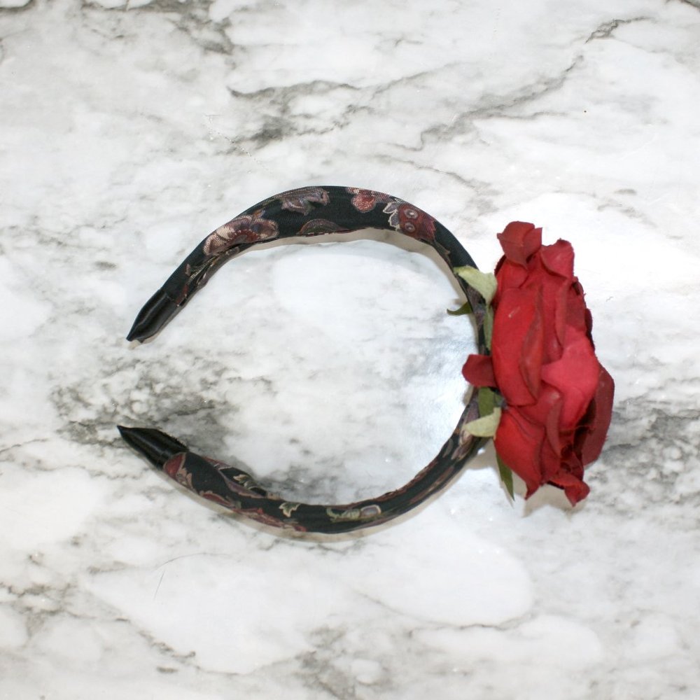 HAND CRAFTED Rose Floral Headband Upcycled Necktie Hair Accessory - Picture 3 of 13